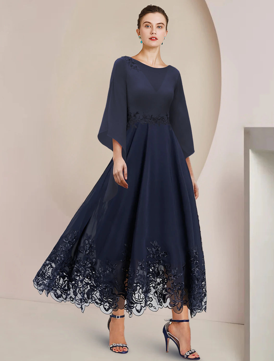 Wholesale  A-Line Mother of the Bride Dress Wedding Guest Party Elegant Scoop Neck Tea Length Chiffon Lace 3/4 Length Sleeve with Appliques